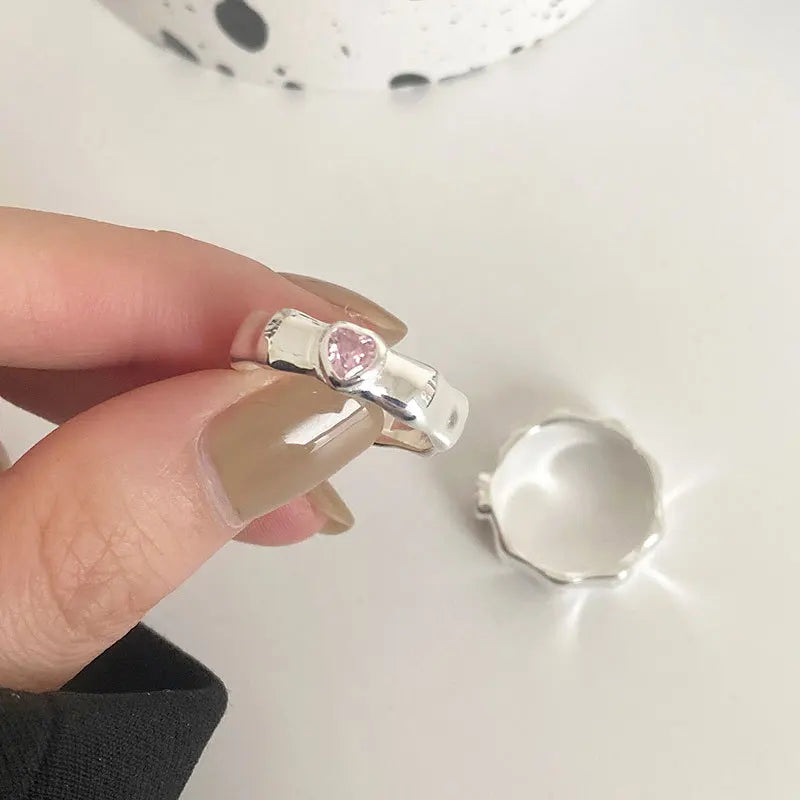 Dainty Jewelry 925 Sterling Silver Rings pink Heart Cubic Zirconia Open Adjustable Ring for Women