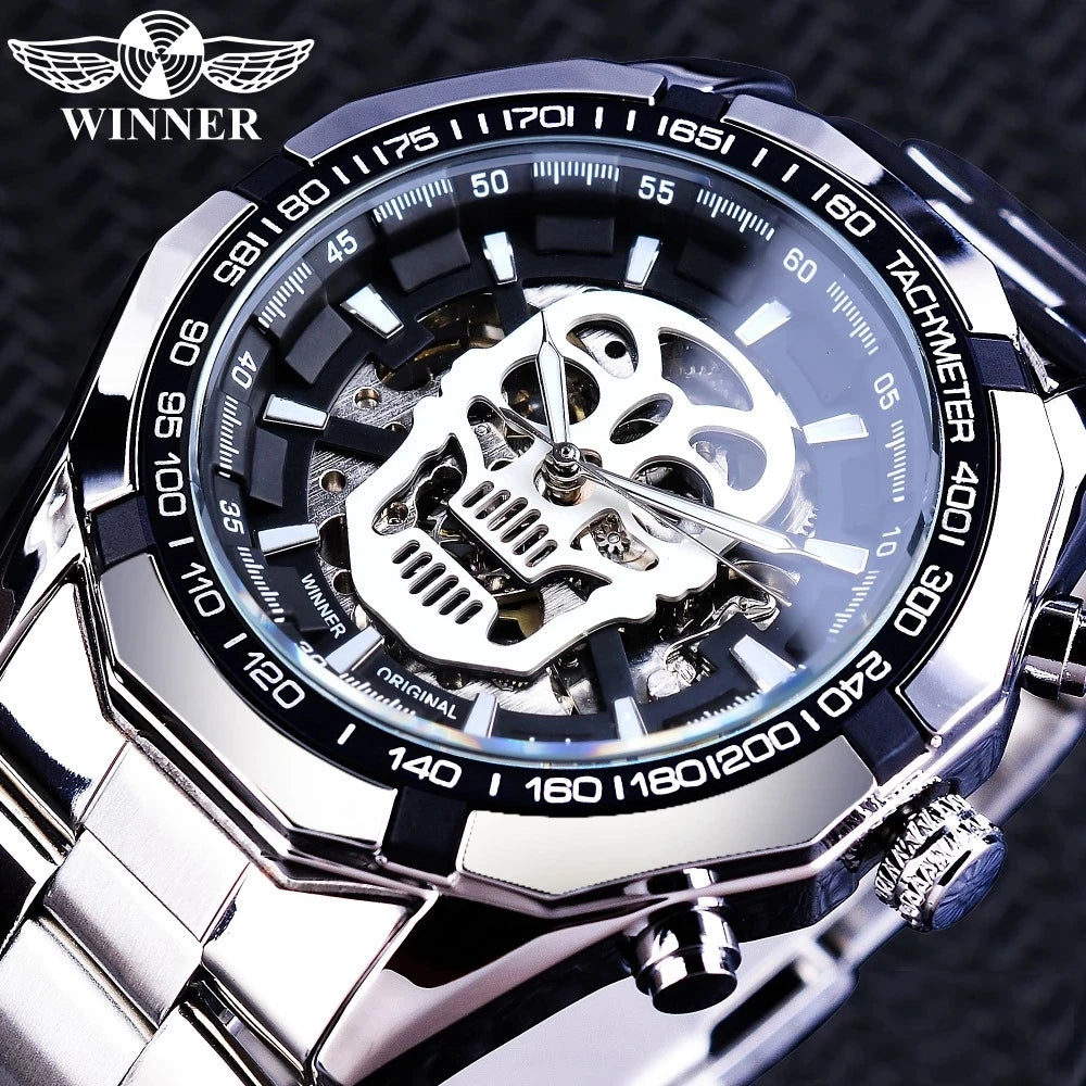 Winner Watch for Men Stainless Steel Skull Luminous Waterproof Mens Wrist Factory New Luxury Sport Mechanical Watches Silver