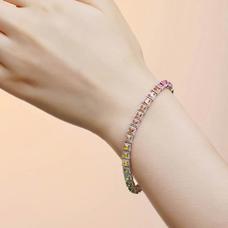 Fine Bracelet New Arrival Customized Rainbow Lab Grown Sapphire Bracelet 9K Gold Handmade Gift