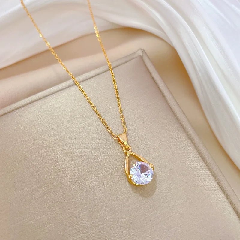 [Titanium Steel] Real Gold Gorgeous Water Drop Zircon Necklace Titanium Steel Chain Clavicle Chain