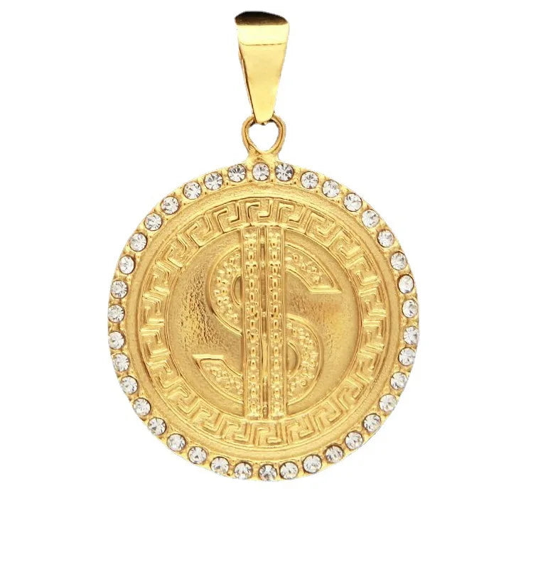 Men's Stainless Steel Dollar Necklace with Cubic Zirconia Gold Plated Butterfly Link Diamond Pendant Hip Hop Bling Fashion Style