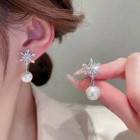 CAOSHI Winter New Design Silver Color Zircon Snowflake Pearl Women Earrings Fast Ship Flower Weddings Bridal Earrings