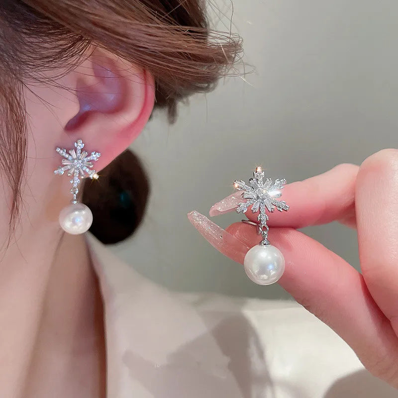 CAOSHI Winter New Design Silver Color Zircon Snowflake Pearl Women Earrings Fast Ship Flower Weddings Bridal Earrings