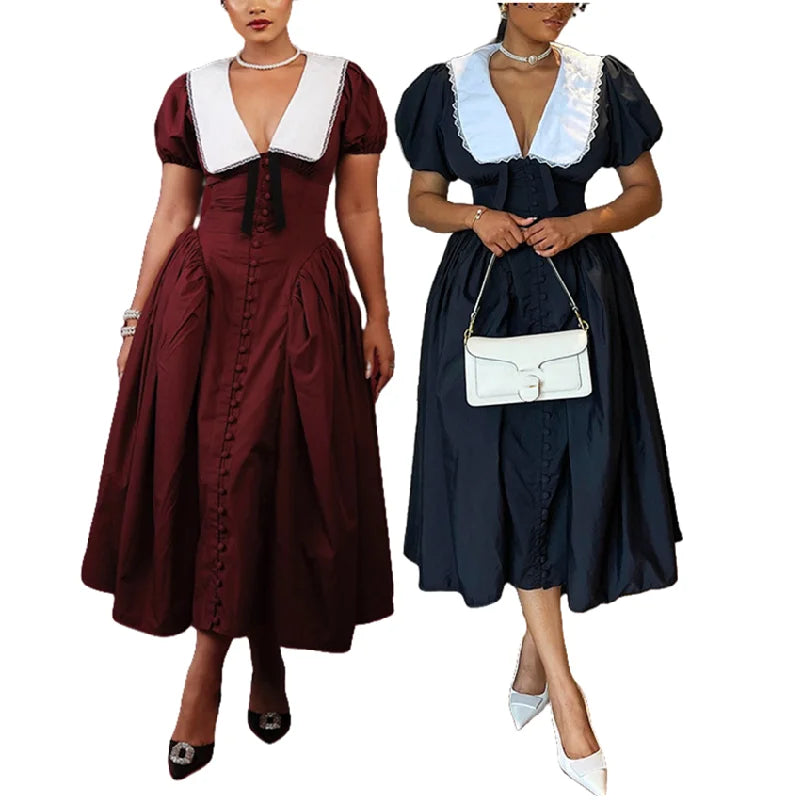 Y92513 Trendy French Style Summer Dresses Women Casual Lady Elegant Puff Sleeve A-line Slim Midi Length Formal Dresses for Women