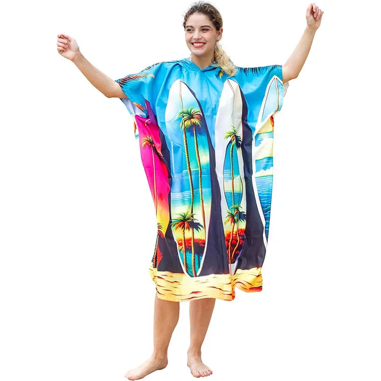 Quick Dry Absorbent Microfiber Hooded Beach Cover up Custom Print Changing Towel Robe Surf Poncho
