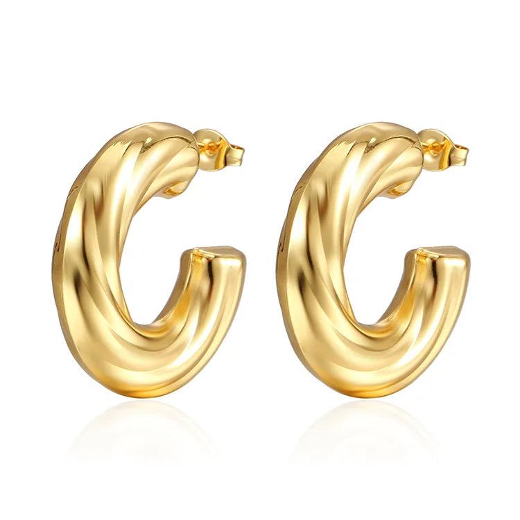 18K Gold Plated Stainless Steel CC Shape Semicircle Stud Earrings Jewelry Twisted Hoop Earrings for Women