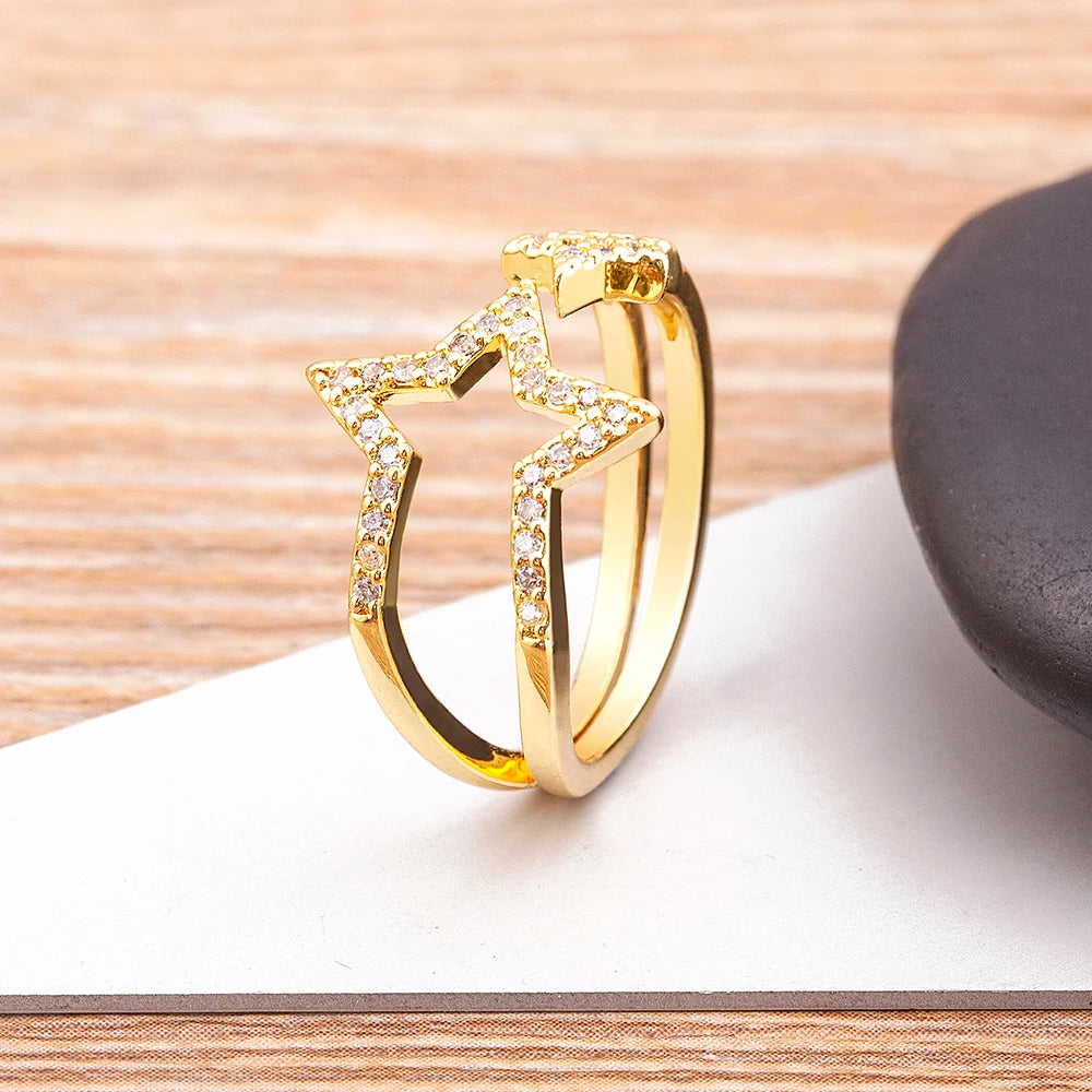 QIKU Wholesale Crystal Star Adjustable Opening Ring Women Gold Color Exquisite Copper Zircon Wedding Jewelry