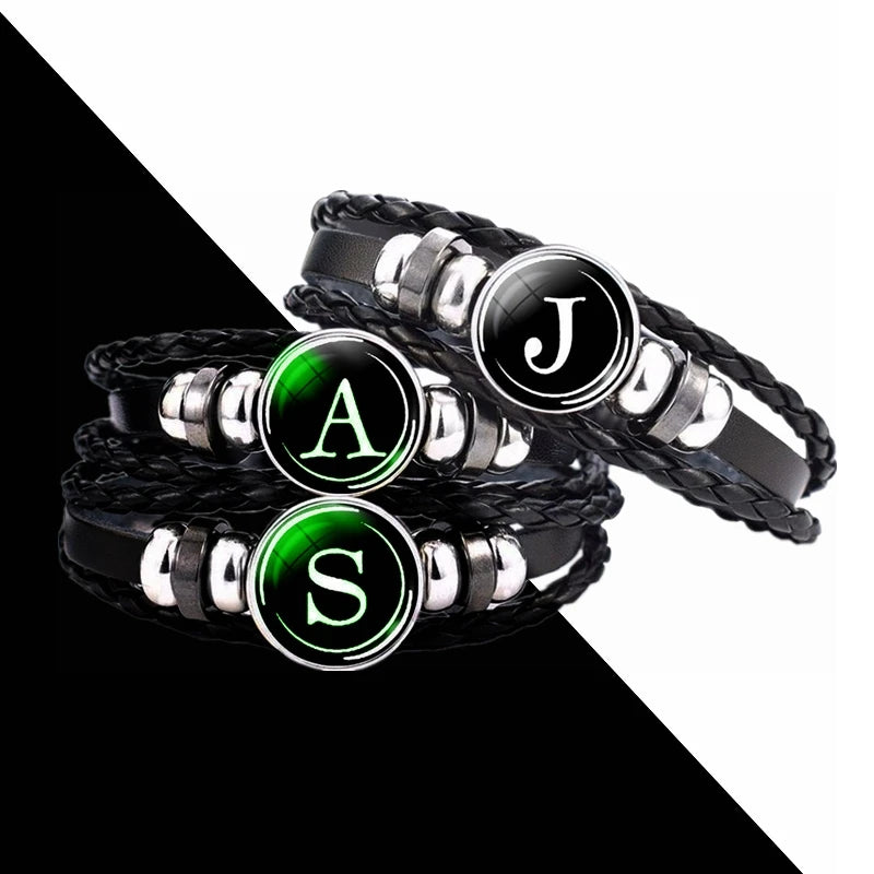 26 Letter Bracelet Glowing Bracelet Luminous Jewelry Personalized Name Letters Jewelry Black Leather Bracelet Glow in the Dark