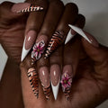 24 Pcs French Minimalist White Leopard Print and 3D Flowers Acrylic Press on Nails Customize False Nails 3558