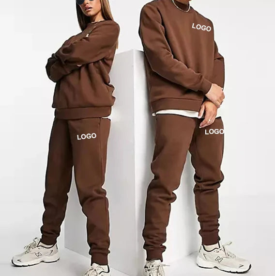 Custom Men Hoodies and Jogger Sets Solid Logo Track Suit Brown Sweatsuit Unisex Loose Cotton Ribbed Unisex Tracksuit
