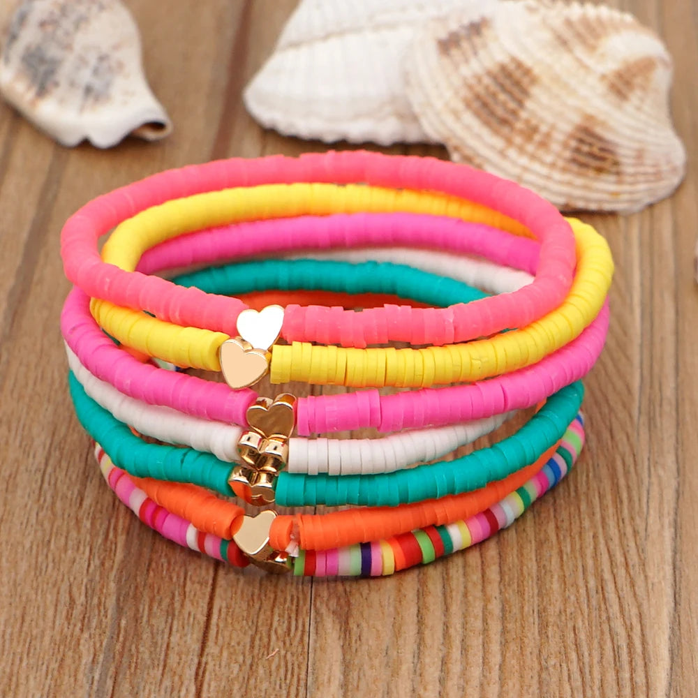 Go2Boho Heart Shape Beach Surfing Polymer Clay Rainbow Elastic Boho Quality Fashion Jewelry Beaded Woman Bracelet