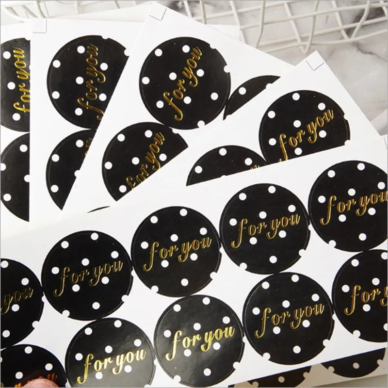 100pcs/pack Round Gold Stamping for You Adhesive Sticker Black Dot Seal Sticker for Birthday Cookie Decorative Diary Sticker