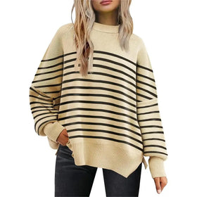 Women's Crewneck Batwing Long Sleeve Sweater 2023 Fall Oversized Stripe Ribbed Knit Side Slit Pullover Top