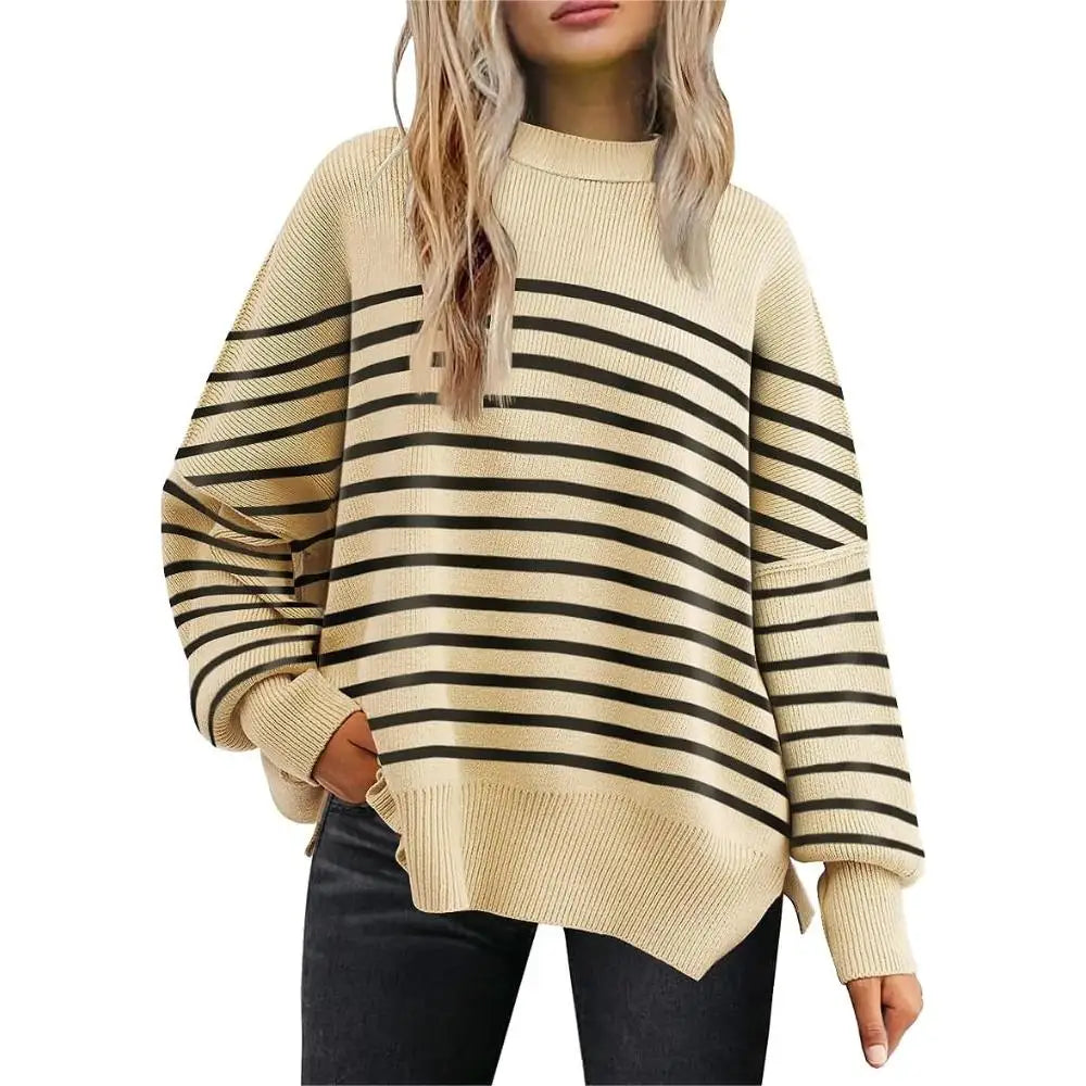 Women's Crewneck Batwing Long Sleeve Sweater 2023 Fall Oversized Stripe Ribbed Knit Side Slit Pullover Top