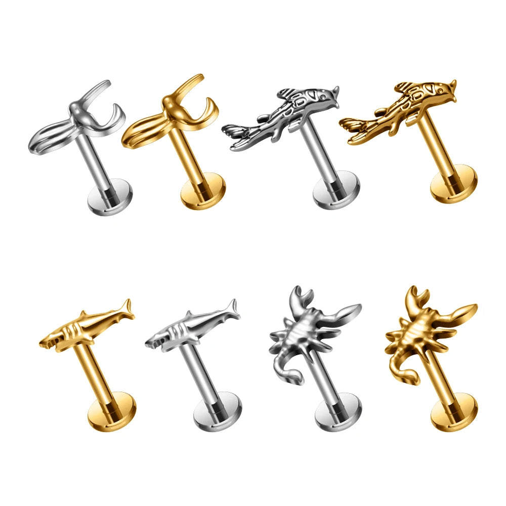 ASTM F136 Titanium Internal Thread 16G Labret Ear Studs Sea Fish Style Cartilage Daith Tragus Helix Nose PVD Piercing Jewelry