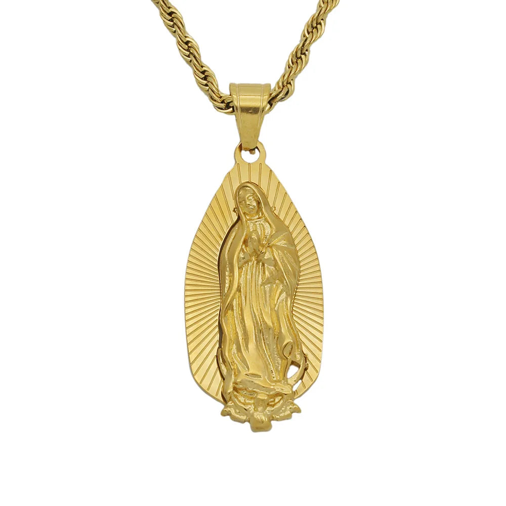 Duyizhao New Hip Hop Fashion Jewelry 18k Gold Plated Double Stainless Steel Virgin Mary Pendant Necklace Jewelry