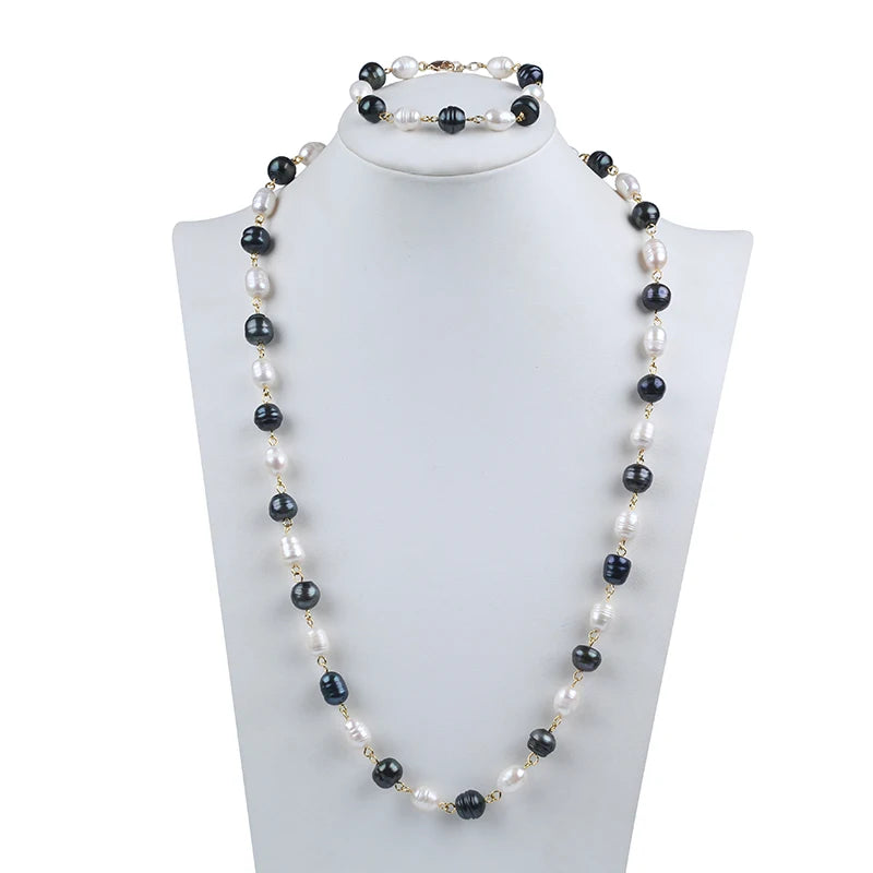 Zhuji Sample Design 10-11mm Rice Shape Real Natural Freshwater Pearl Necklace Set Jewelry