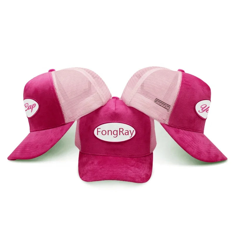 Custom Design Applique Logo Suede Mesh Trucker Caps Embroidery Patch Pink Velvet Mesh Trucker Hats