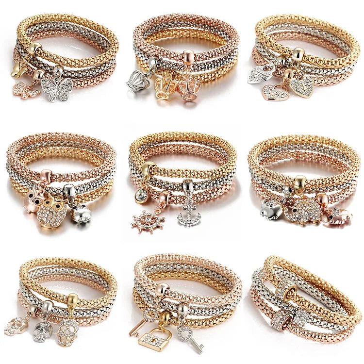 G337 3 Pcs Crystal Butterfly Popcorn Bracelets Set Heart Lock Charm Bracelet for Women Bangle