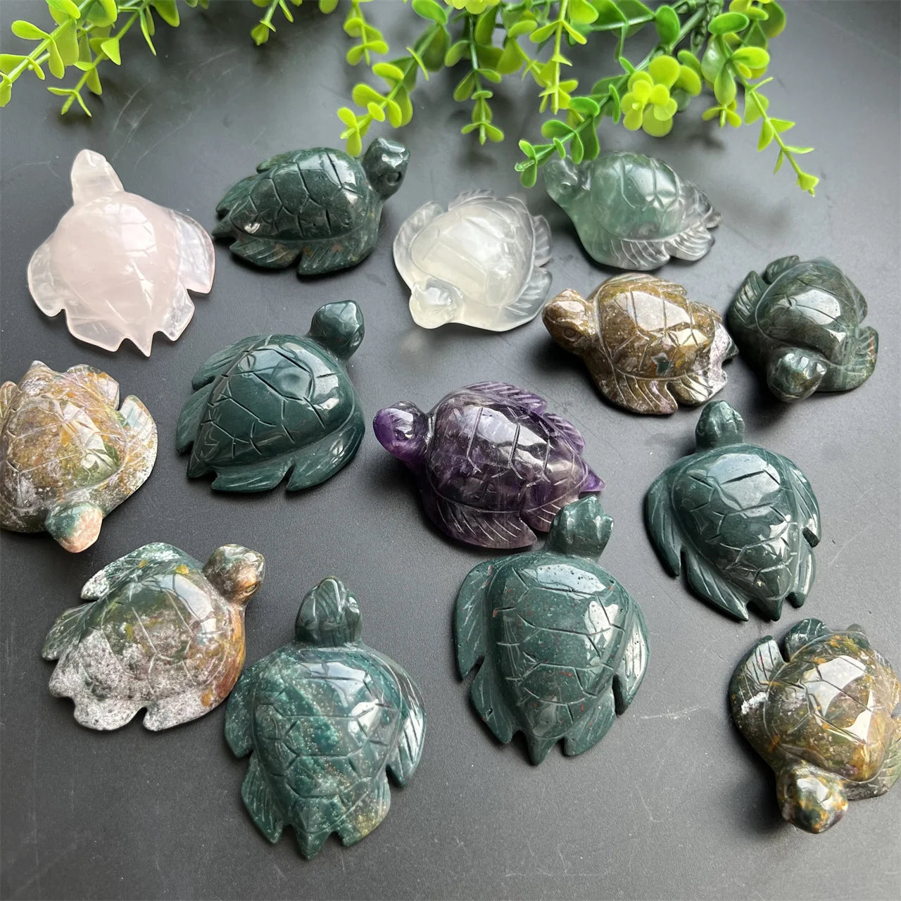 Crystal Sea Turtle Natural Carved Rose Quartz Moss Agate Carving Animal Figurine Amethyst Tortoise