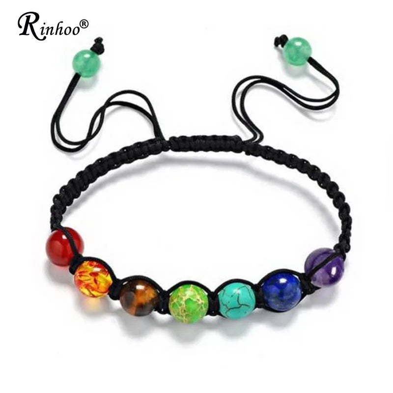 Rinhoo 7 Chakra Healing Yoga Reiki Prayer Bead Stones Balance Beaded Warp Bracelet Braided Bangle Adjustable Jewelry for Women