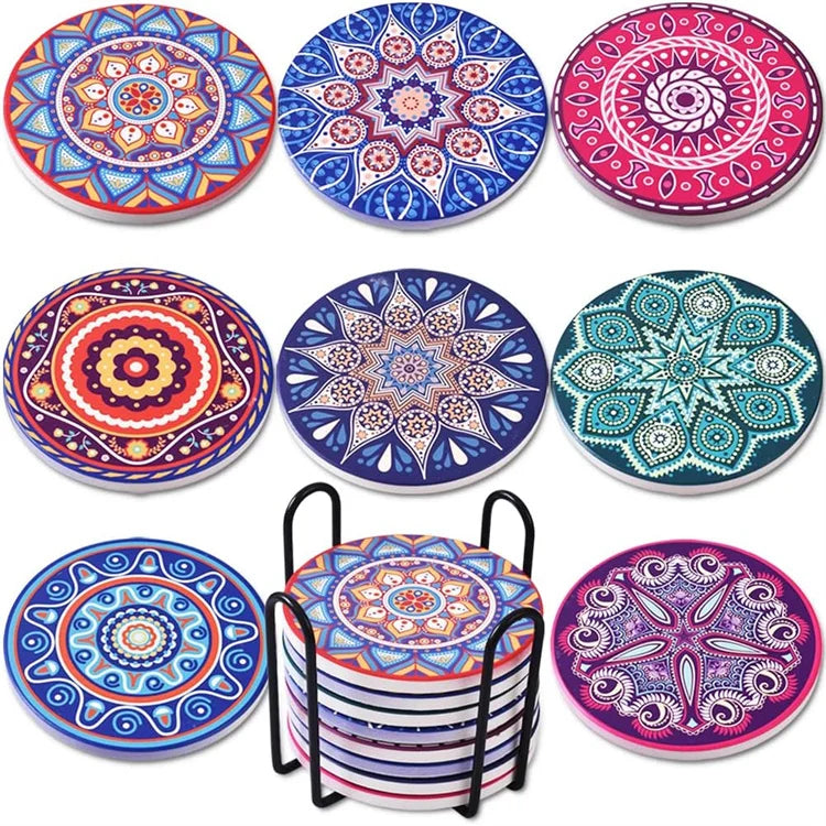 Classic Style Ceramic Drink Coasters with Absorbent Holder for Drinks round Shape