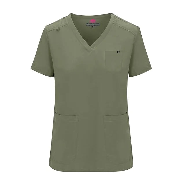 72% Polyester 21% Viscose 7% Spandex 200G Hospital Uniform Cool Stretch V-Neck Top Pant Scrub Set Waterproof Feature