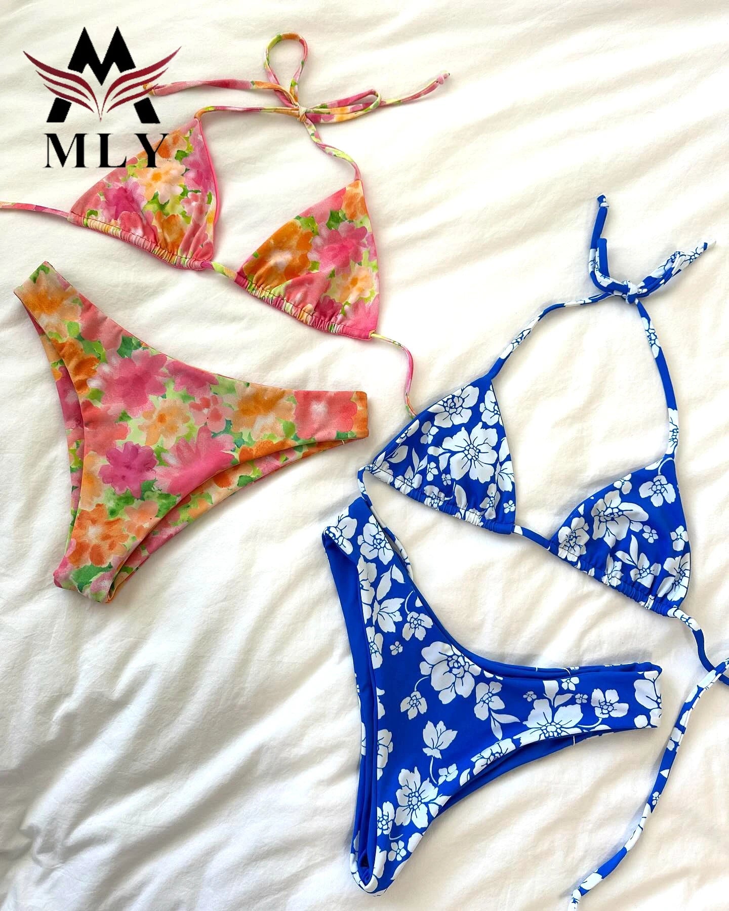Women's Two-Piece Floral Bikini Set New Design Sexy Halter Triangle Swimsuit Made of Comfortable Spandex/Nylon