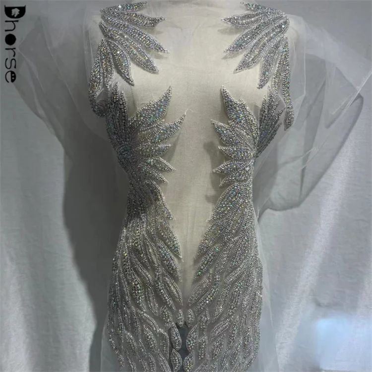 Elegant Mesh Fabric Sewing Bling Bling Crystal Stone Front Bodice Gold Rhinestone Dress Applique