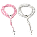Meaningful Prayer Baptism Accessories Simple Natural White Pink Wooden Rosary Necklace Cross Necklace for Child