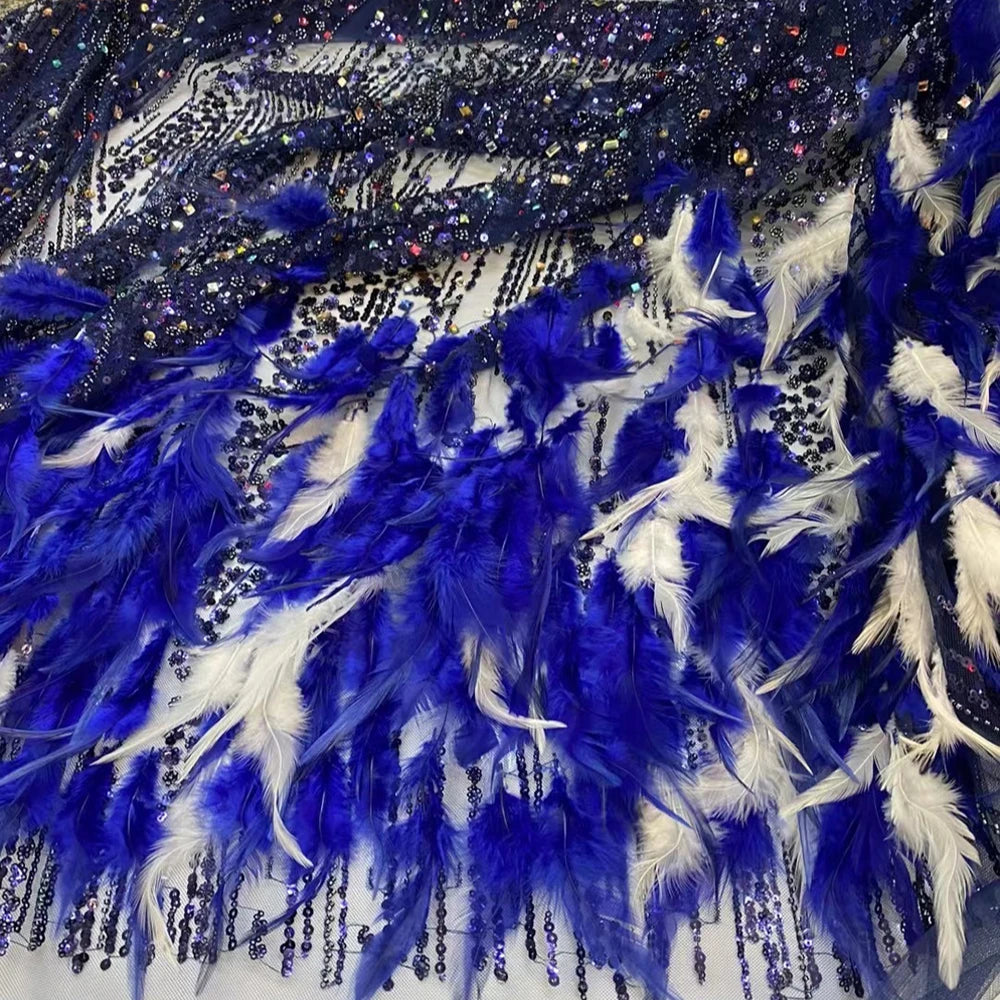 Fuchsia French Sequin Lace Fabric With Feathers Embroidery 3D Feather Haute Couture Lace Fabric 5 Yards