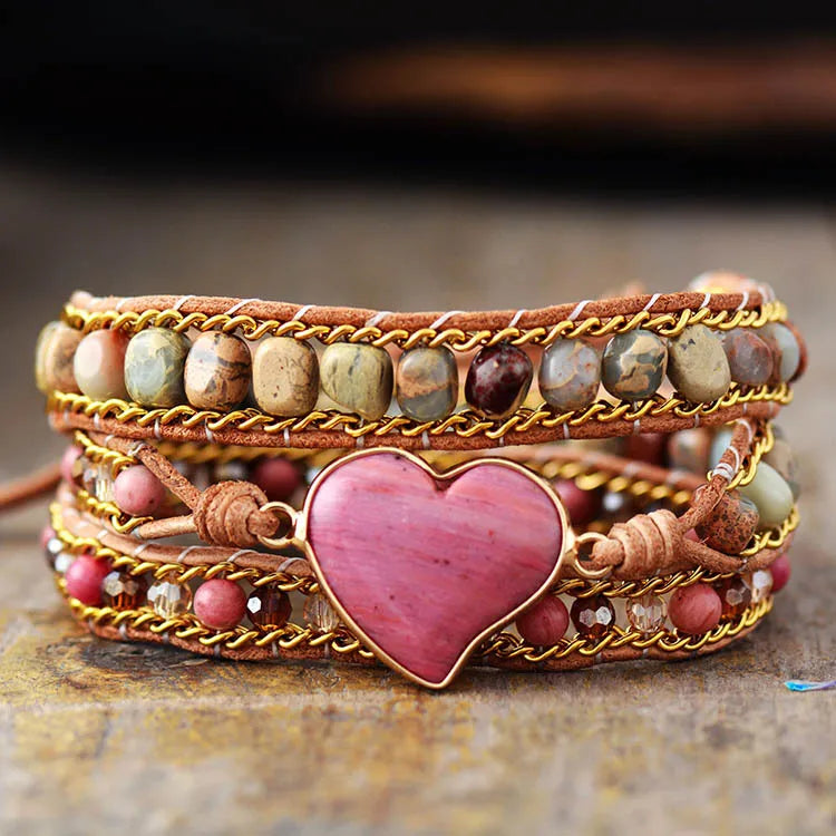 Stone Bead Triple Layers Natural Stone Beads Bracelets Rhodonite Love Heart Charm Bohemian Healing Bracelet for Women