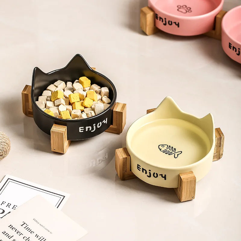 Ceramic Pet Bowl Dish With Wood Stand No Spill for Dog Cat Food Water Feeder Small Cats Dogs Pet Cats Ceramic Dish Bowls