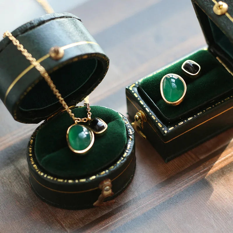 Nabest Women Irregular Green Onyx Gemstone Earring Necklace Jewelry Set Gold Plated Stainless Steel Jewelry Kit