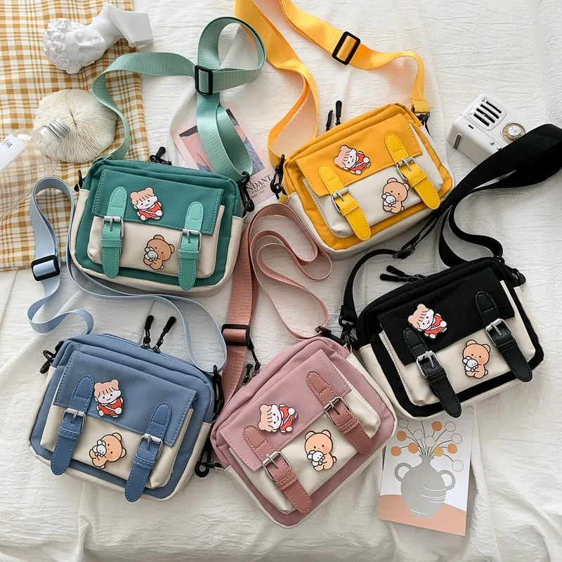 Canvas Small Bag Japanese Ins Women Shoulder Bag Cute Funny Personality Embroidery Bear Girl Student Transparent Messenger Bag