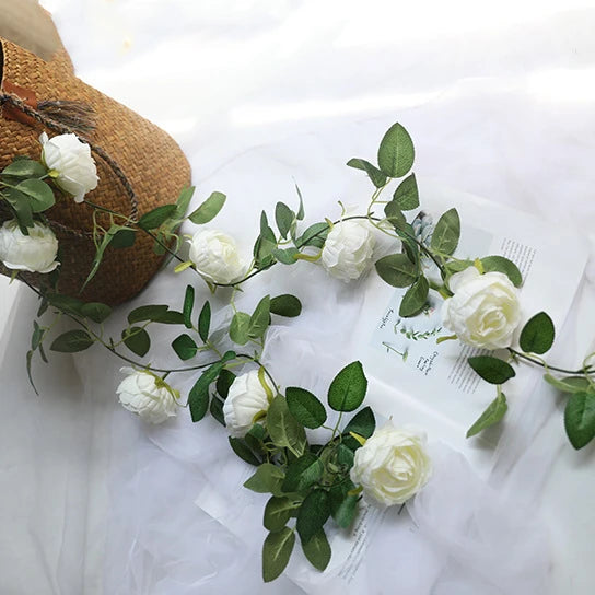 O-X250 Wholesale White Peonies Flower Garland Hanging Rose Peony Vine Flowers With Green Leaves Silk Rose Artificial Flower Vine