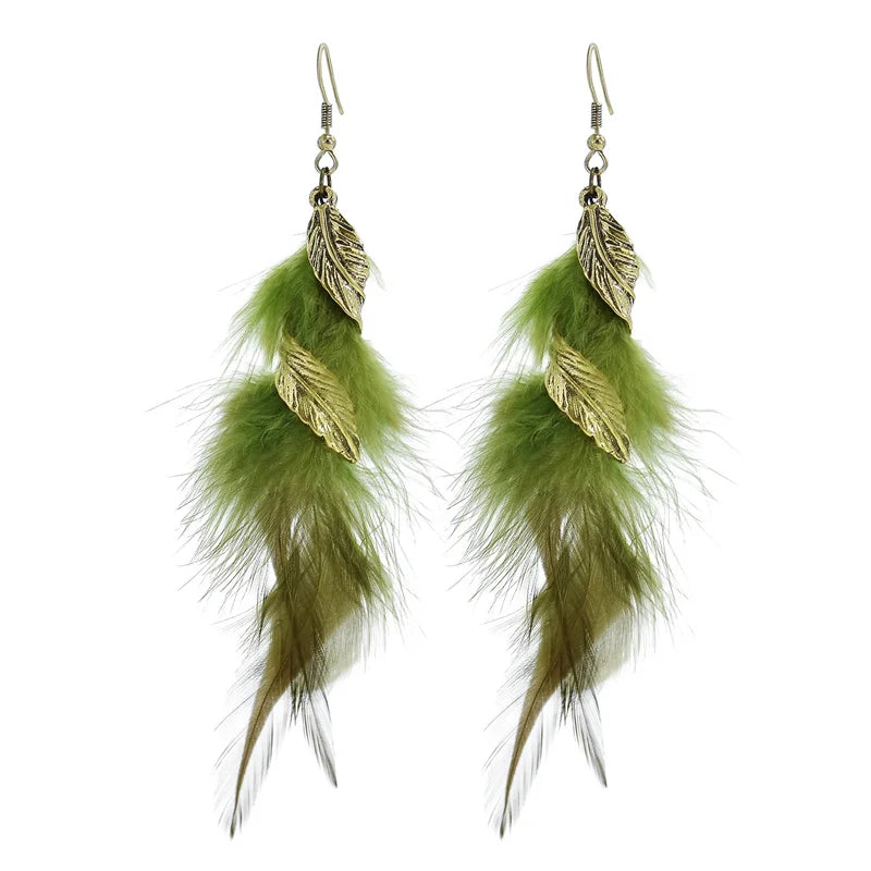 China Manufacture Ethnic Style Retro Dream Catcher Metal Leaf Feather Chain Tassel Long Earrings for Women's Vacation