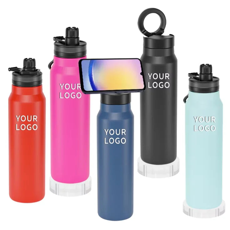 Magnetic Phone Mount Insulated Bottle Stainless Steel Tumbler with Straw Lid 24oz Water Cup with Phone Holder for Sports