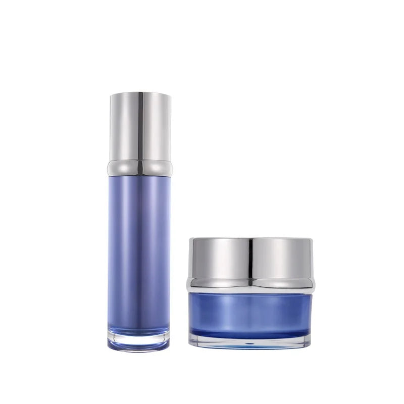 Custom logo High End Blue Acrylic Round Shoulder Bottle with Silver Cap and Jar Cosmetic Package Container Set