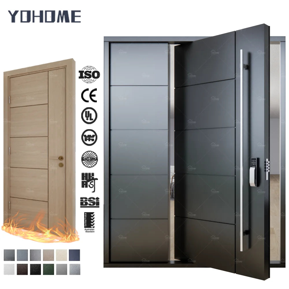 Yohome Main Entranceway Exterior Door with Long Handle Black Aluminum Home Pivot Large Front Door Entrance Doors to the House