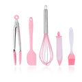 China Supplier Pink Silicone Baking 5 Piece Set Stainless Steel Beater Brush & Food Tongs Cake Decorating Tools