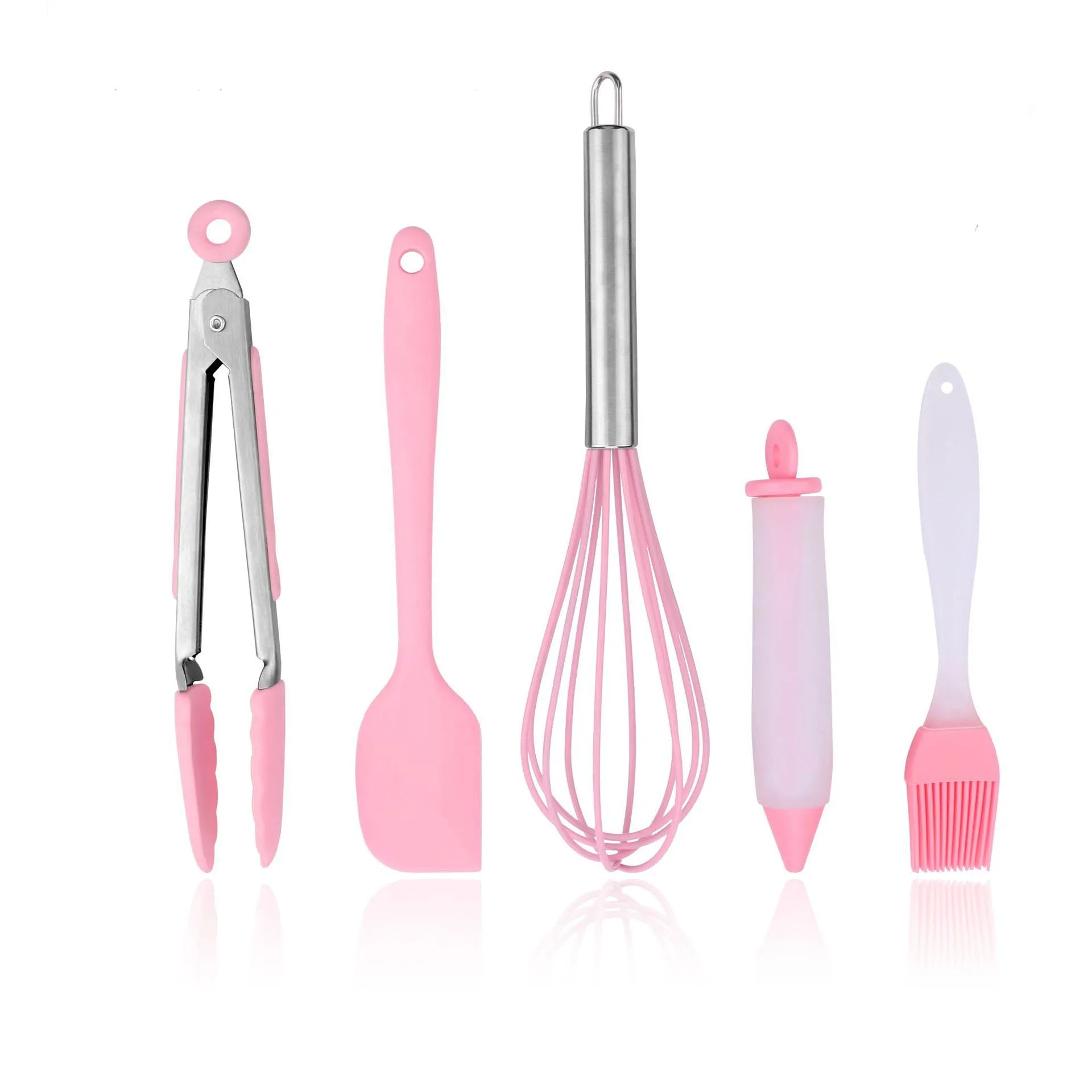 China Supplier Pink Silicone Baking 5 Piece Set Stainless Steel Beater Brush & Food Tongs Cake Decorating Tools