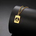 Fashion 18K Gold Peace Sign Necklace for Women Girls Waterproof Stainless Steel Peace Symbol Mini Rectangle Tag Pendant Necklace