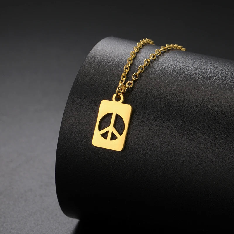 Fashion 18K Gold Peace Sign Necklace for Women Girls Waterproof Stainless Steel Peace Symbol Mini Rectangle Tag Pendant Necklace