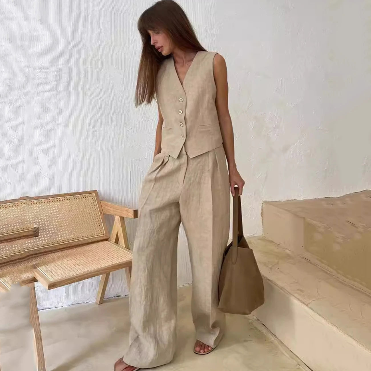 Enyami Instock Women Chic Leisure Office Cotton LInen Co Ords Sleeveless Waistcoat Vest Tops High Waist Pants 2 Piece Set