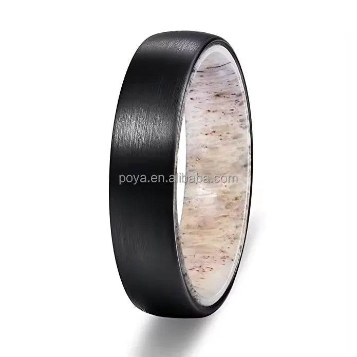 POYA Unique Wholesale 6mm/8mm  Hot Selling Black/Silver Hammered Tungsten Ring Deer Antler Inlay Wedding Ring  Mens Promise Ring