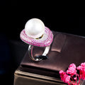 Resizable Silver Plated Micro Pave Pink Red Cubic Zircon Stones Women CZ Big Bold Statement Oval Pearl Rings for Party Wedding