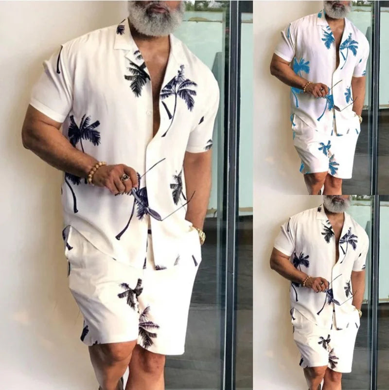 M-3XL Summer Fashion Print Set Men's Shorts Shirt Casual Palm Tree Flower Beach Short Sleeve Cardigan Shorts Set Streetwear