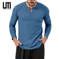 OEM New Autumn Collection Men's Casual Loose Long Sleeve Button V Neck Tops Solid T Shirts 180 Grams Yarn Dyed Blank
