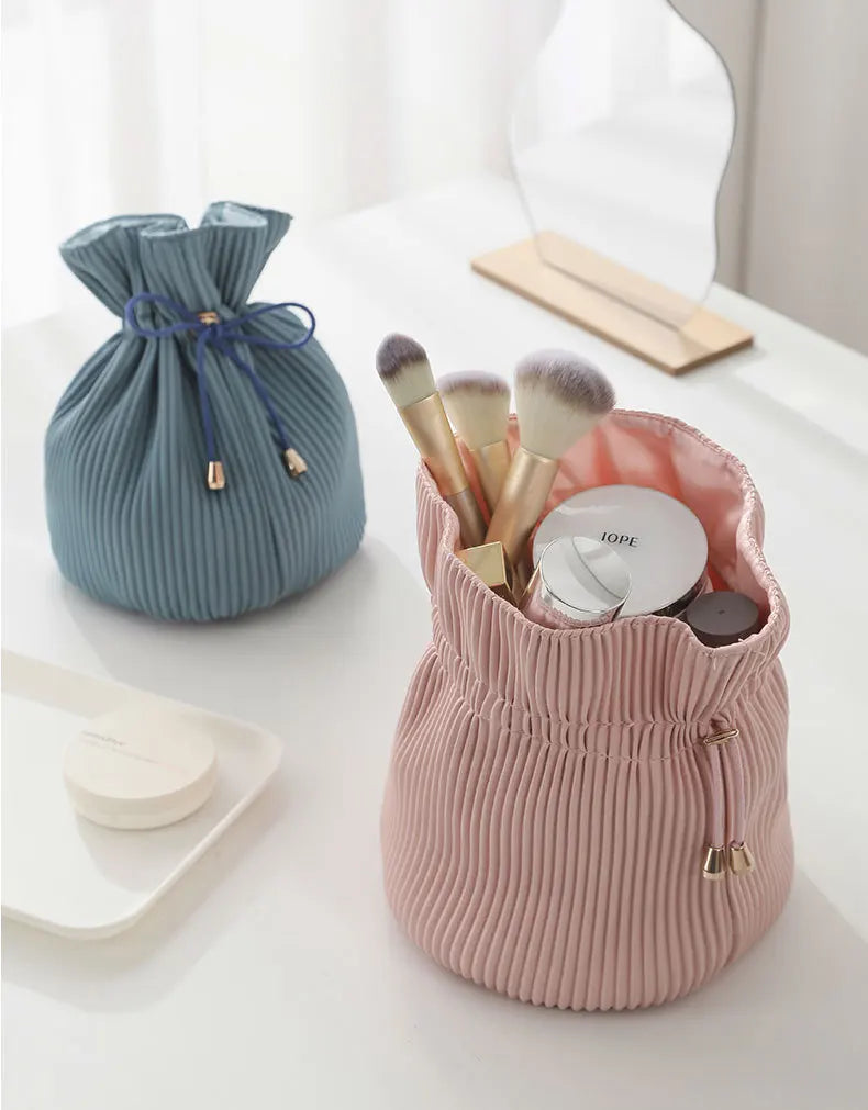 Customized Ribbed PU Drawstring Storage Makeup Bag Girls Travel Cosmetic Bag Custom Packaging Toilet Bag Organizer